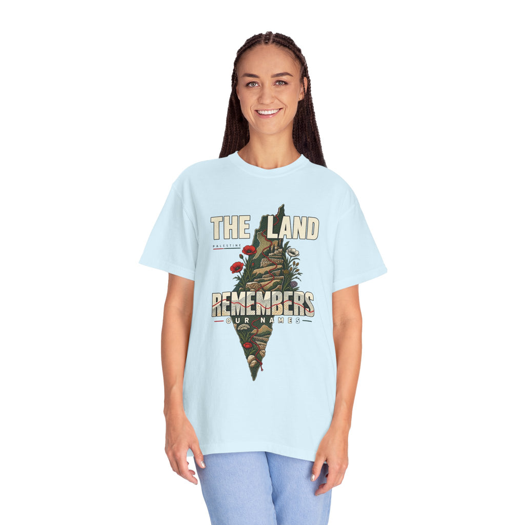 The Land Remembers T-Shirt — Memorial Floral Palestine Map Graphic