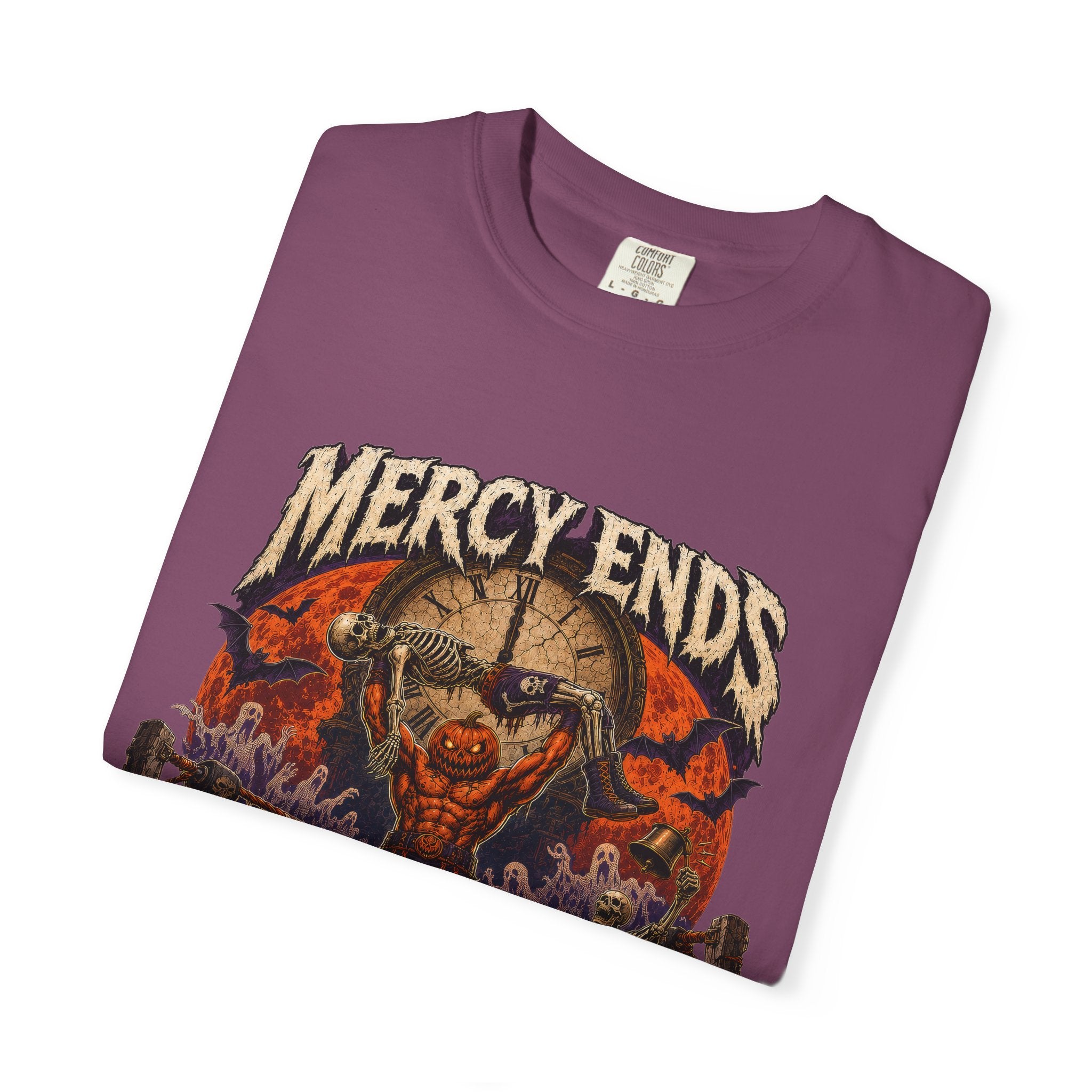 Mercy Ends At Midnight T‑Shirt — Gothic Skull Horror Graphic Tee