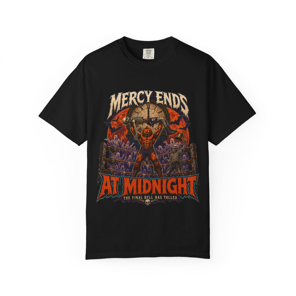 Mercy Ends At Midnight T‑Shirt — Gothic Skull Horror Graphic Tee