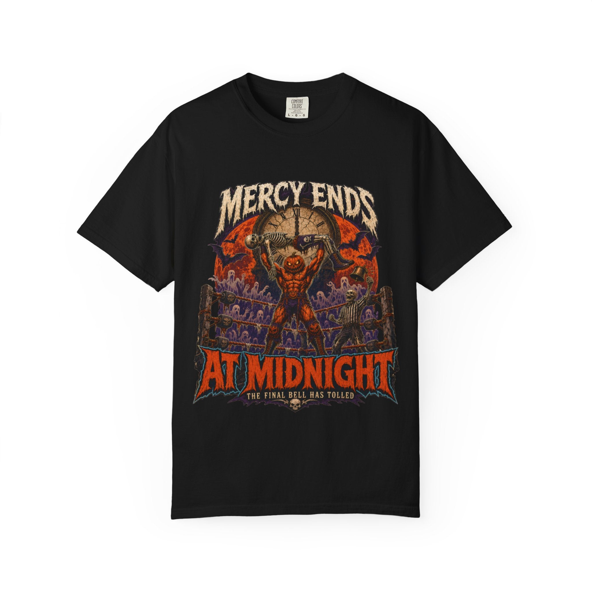 Mercy Ends At Midnight T‑Shirt — Gothic Skull Horror Graphic Tee