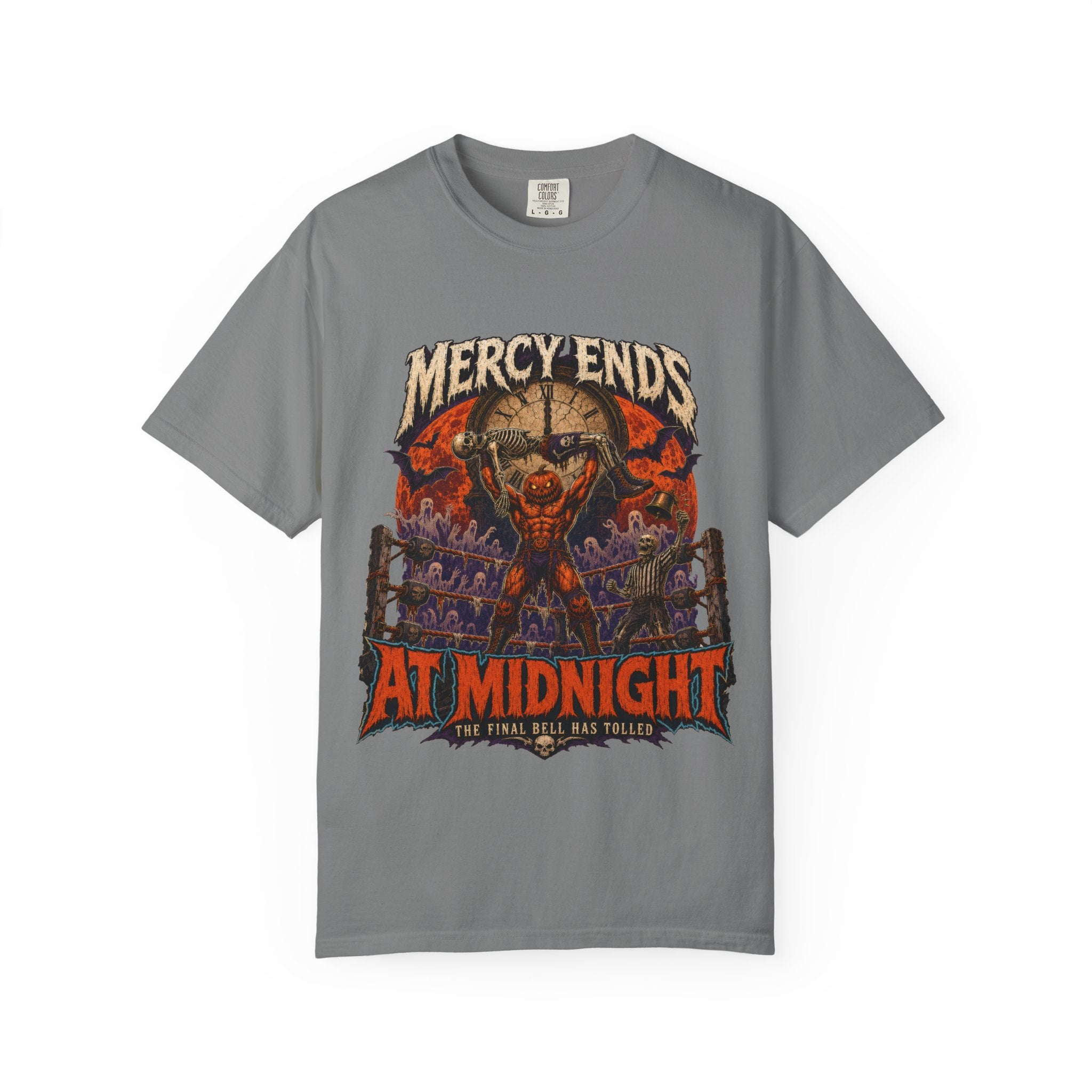 Mercy Ends At Midnight T‑Shirt — Gothic Skull Horror Graphic Tee