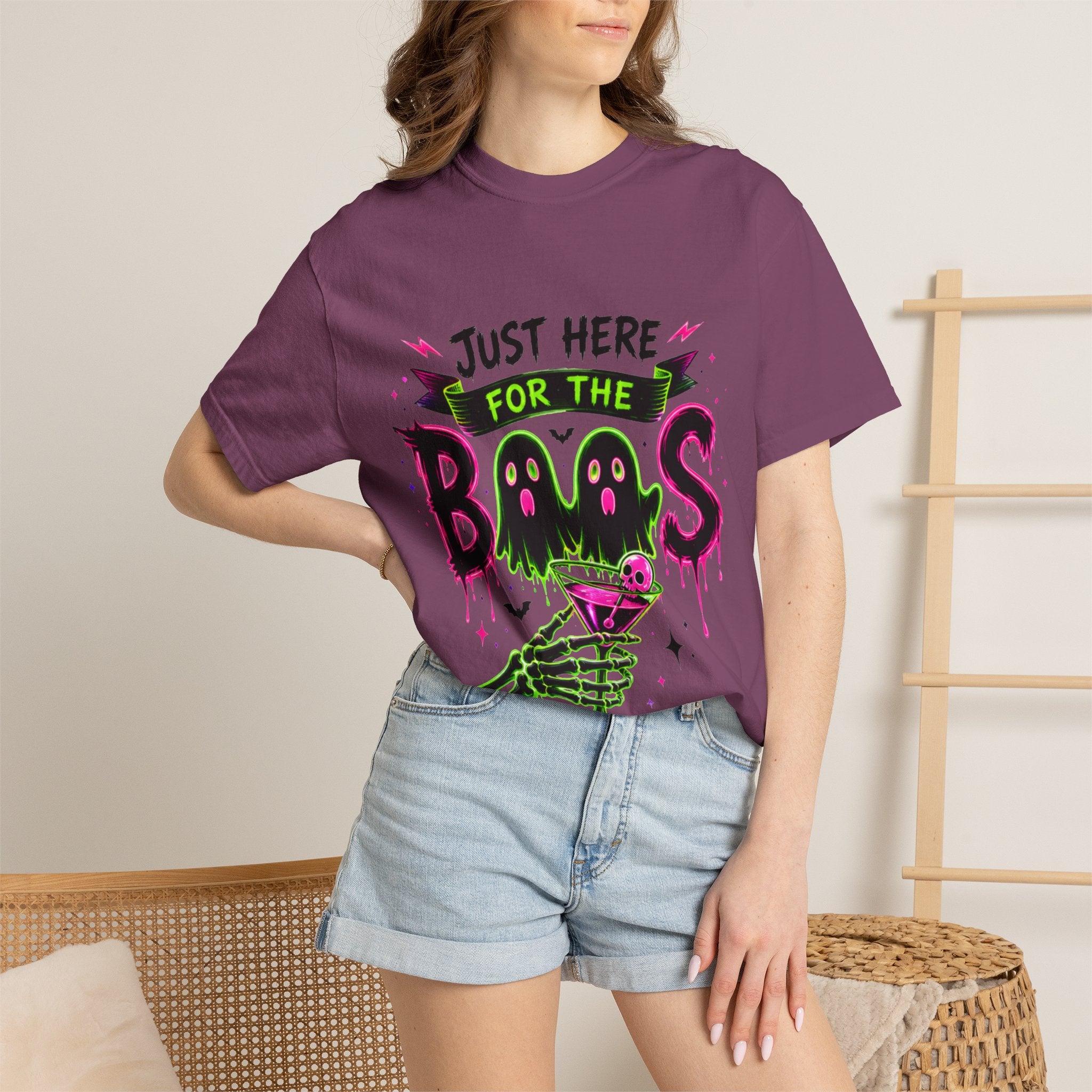 T-Shirt — "Just Here for the Boos" Halloween Ghost Graphic Tee