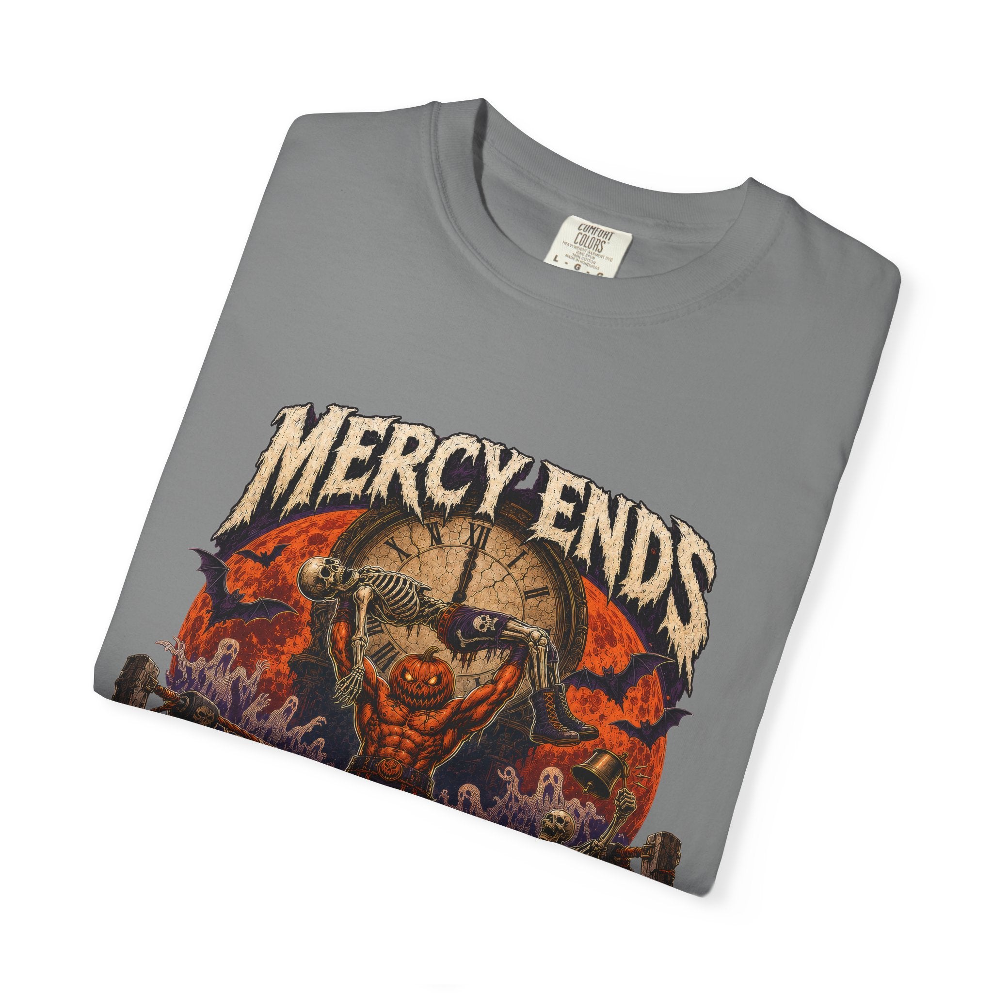 Mercy Ends At Midnight T‑Shirt — Gothic Skull Horror Graphic Tee