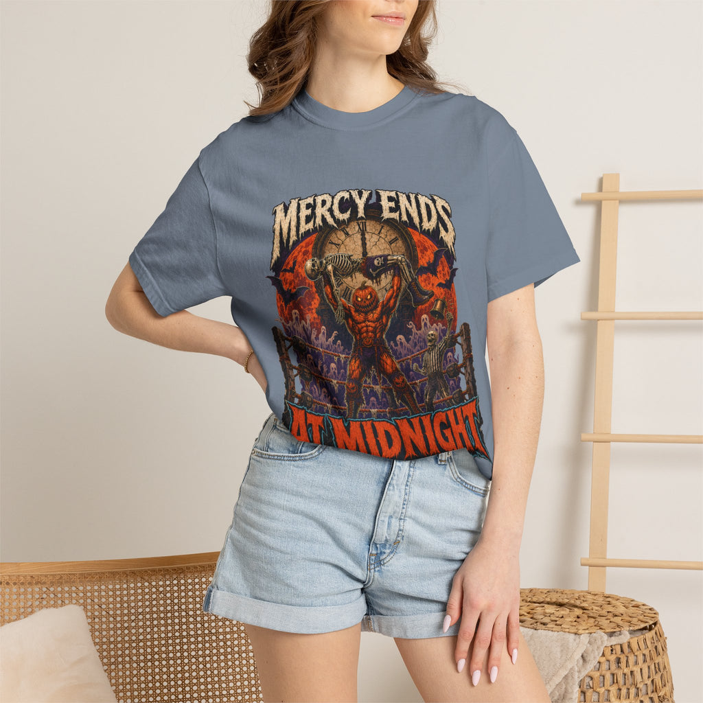 Mercy Ends At Midnight T‑Shirt — Gothic Skull Horror Graphic Tee