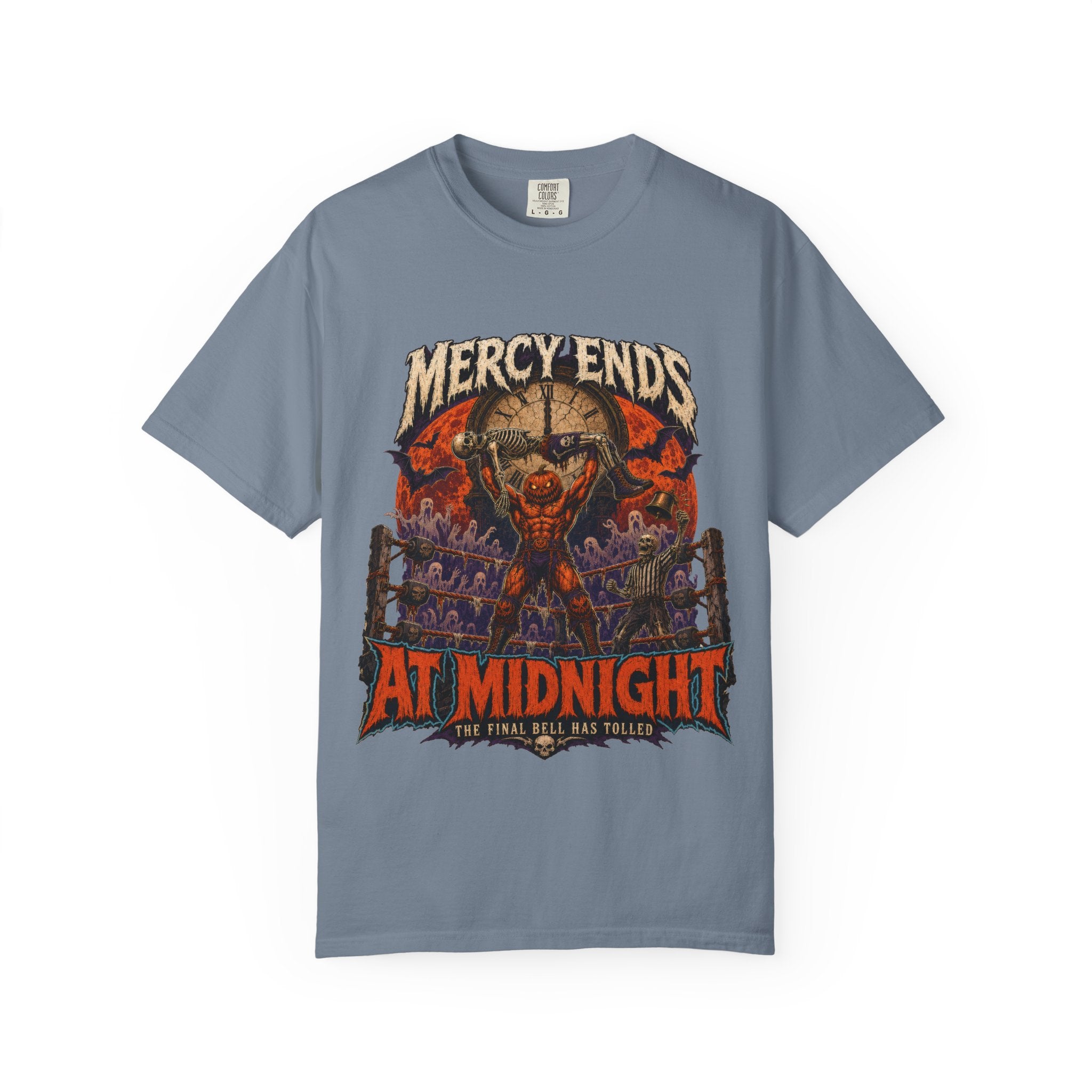 Mercy Ends At Midnight T‑Shirt — Gothic Skull Horror Graphic Tee
