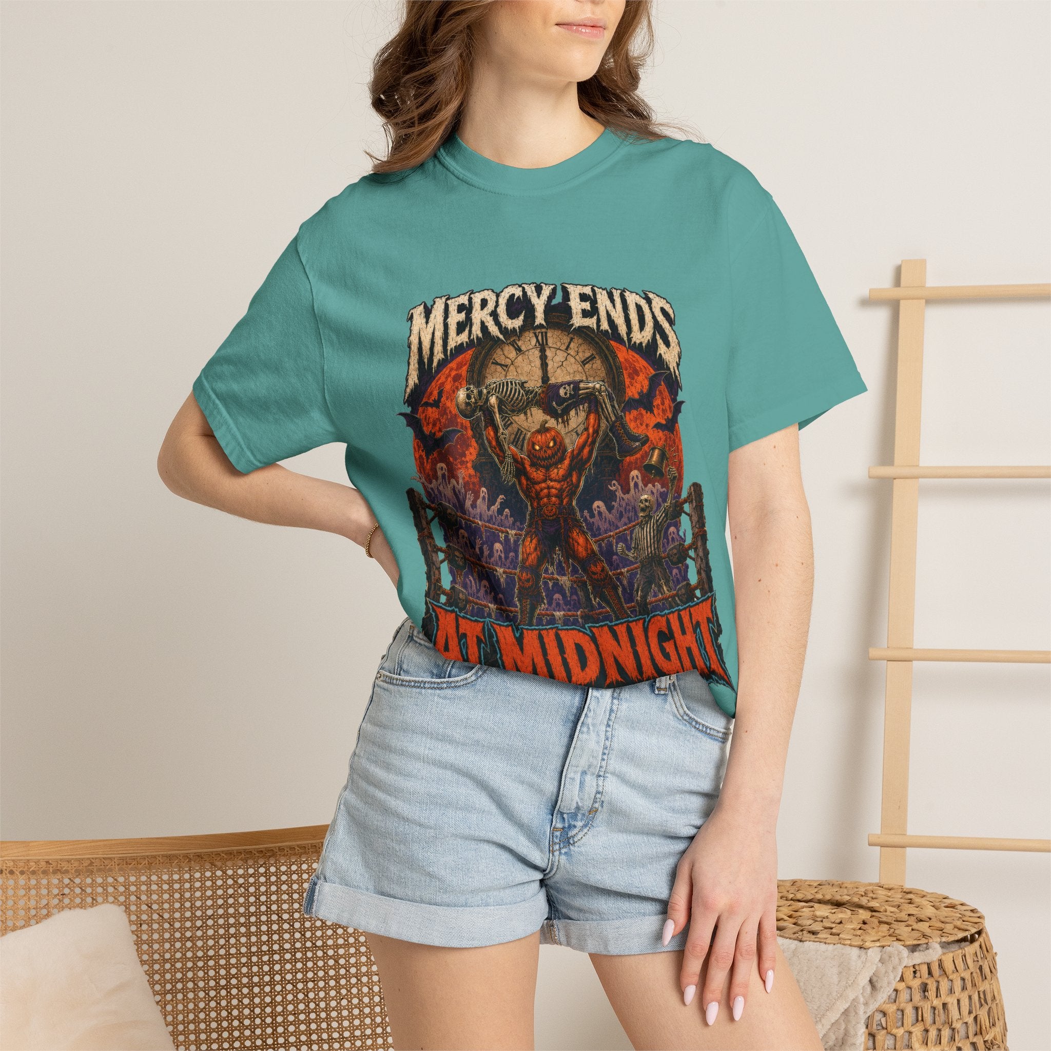 Mercy Ends At Midnight T‑Shirt — Gothic Skull Horror Graphic Tee