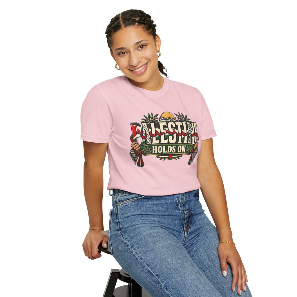 Palestine Holds On T-Shirt — Free Palestine Solidarity Graphic Tee