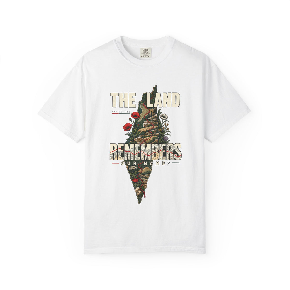 The Land Remembers T-Shirt — Memorial Floral Palestine Map Graphic