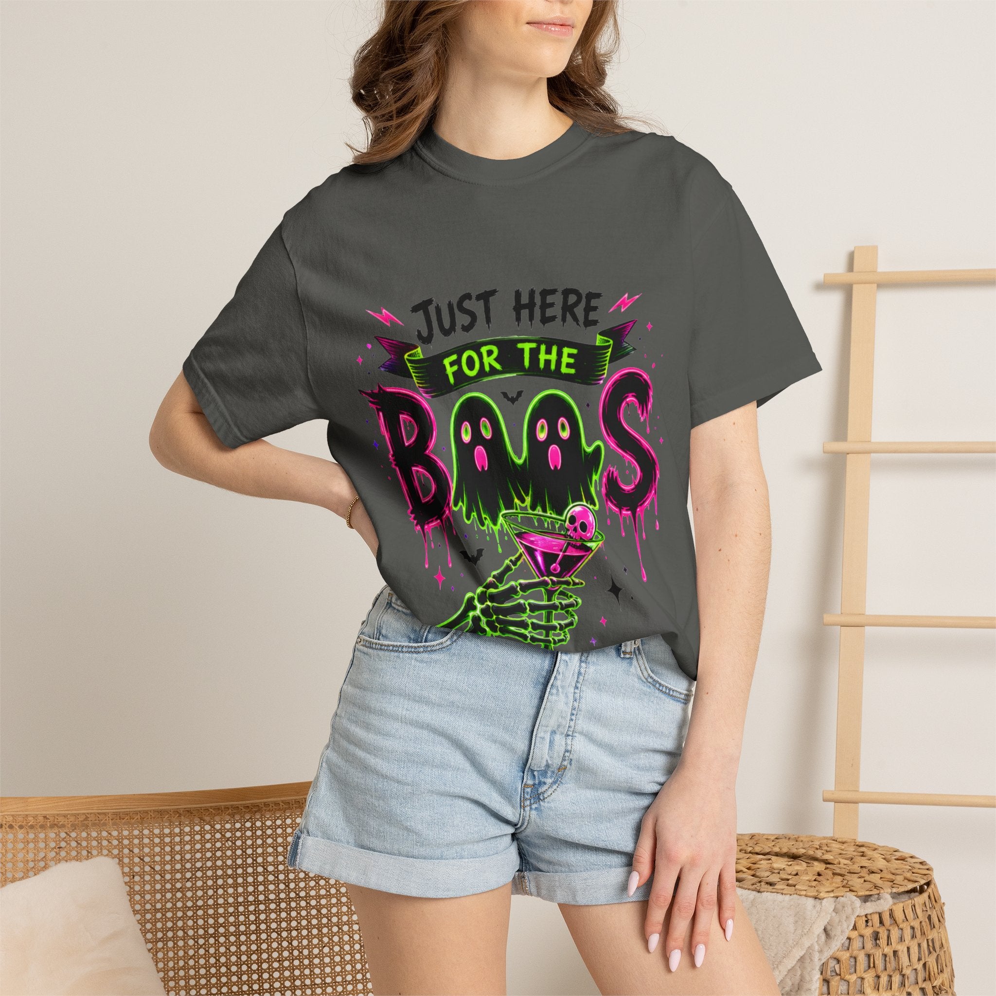 T-Shirt — "Just Here for the Boos" Halloween Ghost Graphic Tee