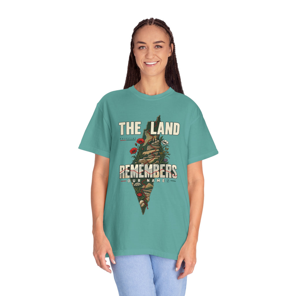 The Land Remembers T-Shirt — Memorial Floral Palestine Map Graphic