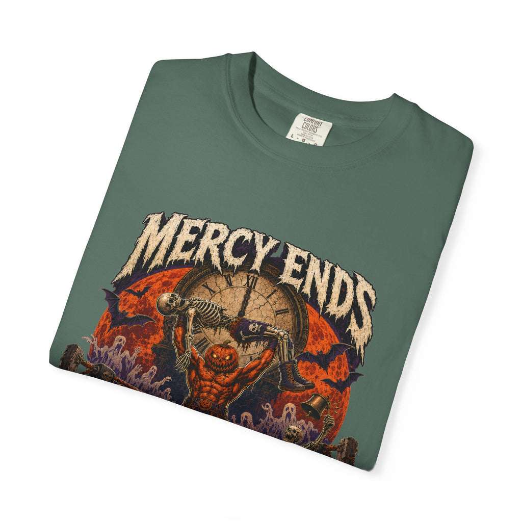 Mercy Ends At Midnight T‑Shirt — Gothic Skull Horror Graphic Tee