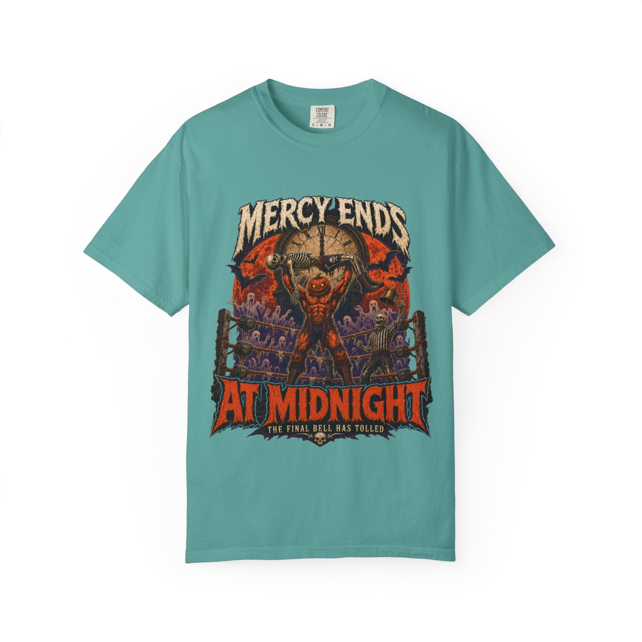 Mercy Ends At Midnight T‑Shirt — Gothic Skull Horror Graphic Tee