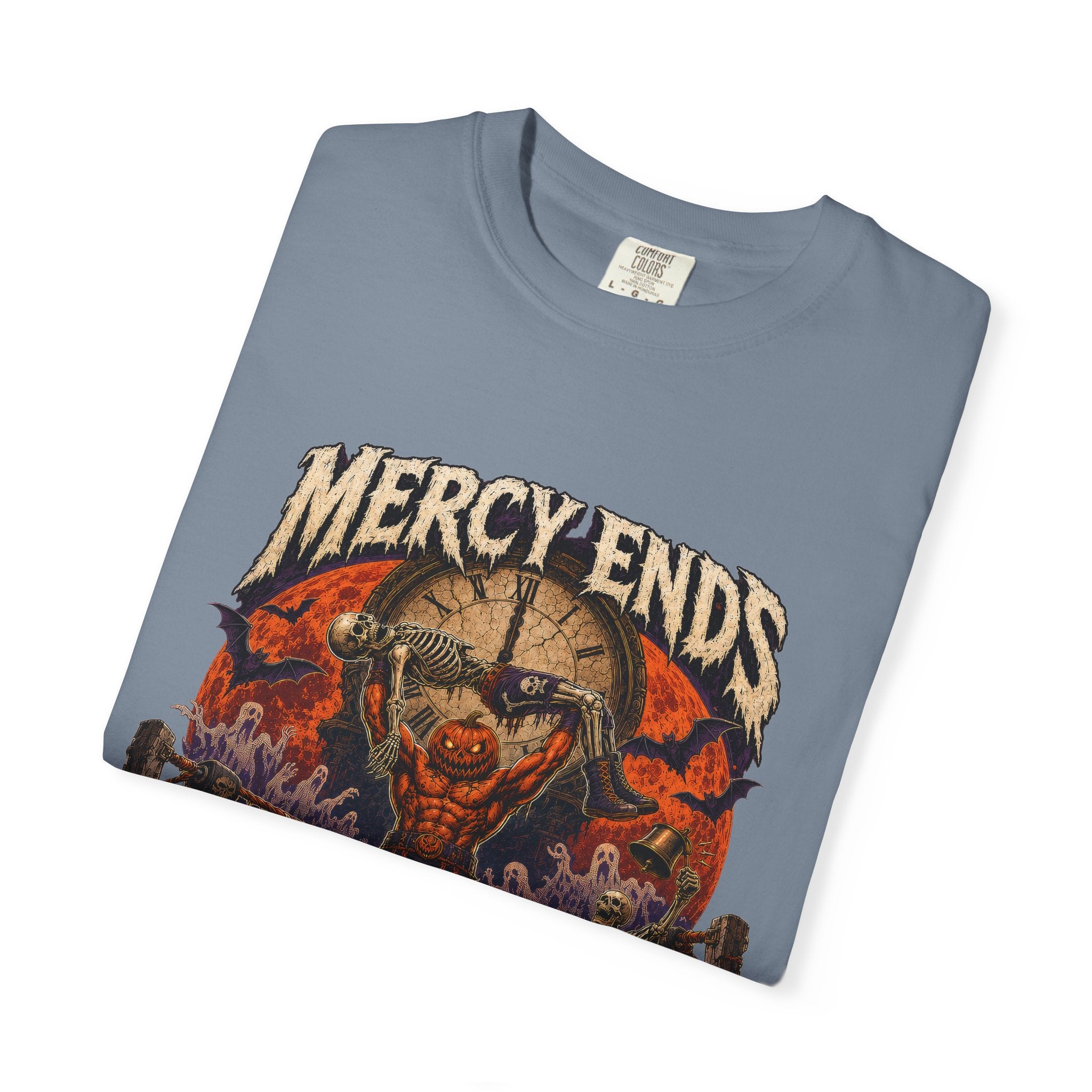 Mercy Ends At Midnight T‑Shirt — Gothic Skull Horror Graphic Tee