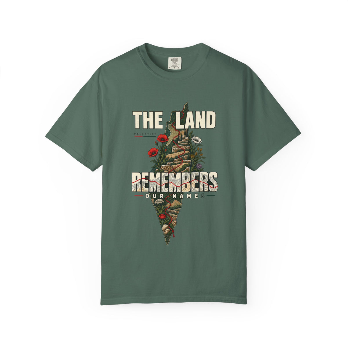 The Land Remembers T-Shirt — Memorial Floral Palestine Map Graphic