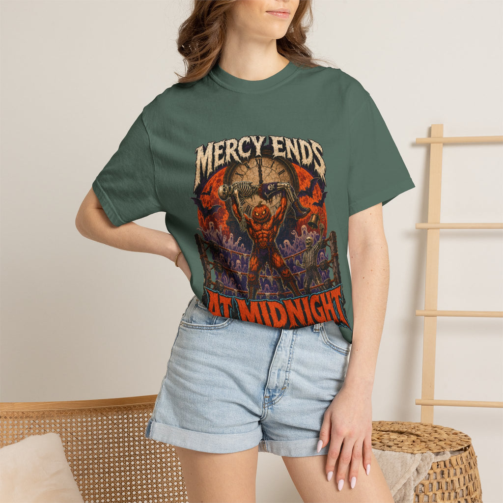 Mercy Ends At Midnight T‑Shirt — Gothic Skull Horror Graphic Tee