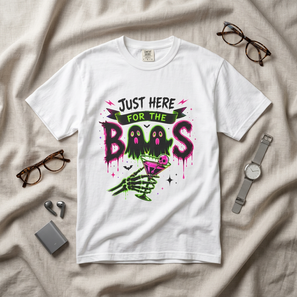 T-Shirt — "Just Here for the Boos" Halloween Ghost Graphic Tee