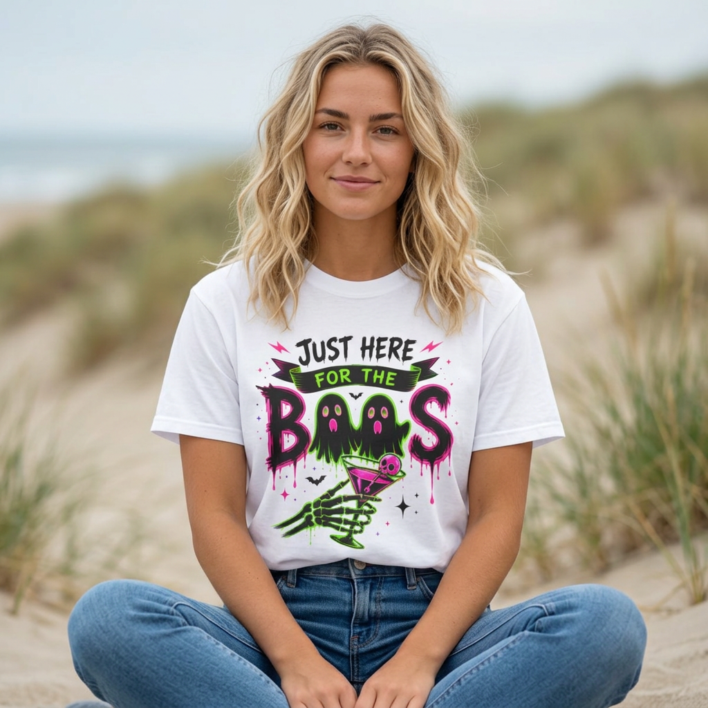 T-Shirt — "Just Here for the Boos" Halloween Ghost Graphic Tee