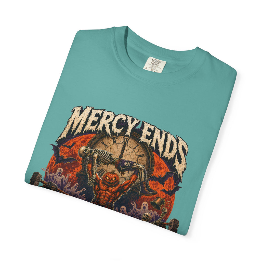Mercy Ends At Midnight T‑Shirt — Gothic Skull Horror Graphic Tee