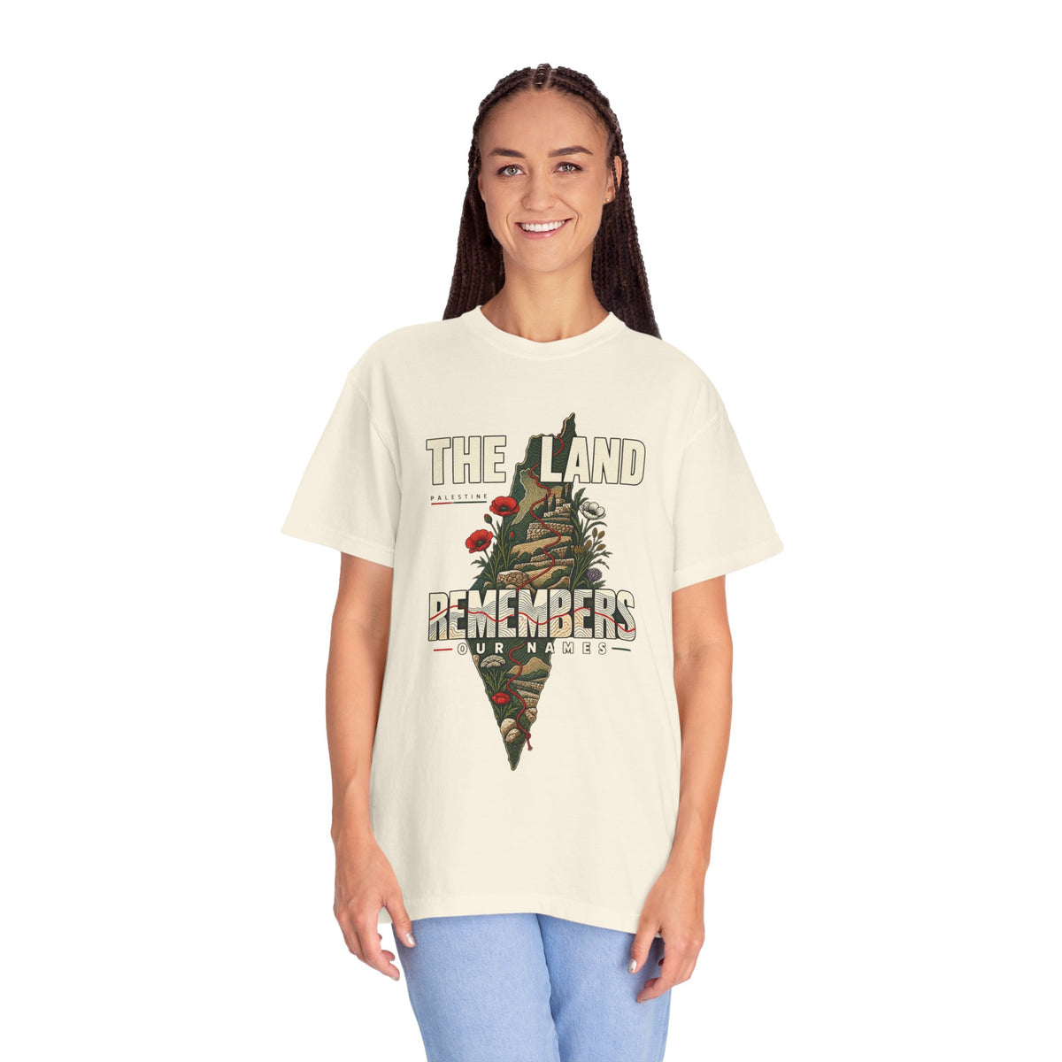 The Land Remembers T-Shirt — Memorial Floral Palestine Map Graphic