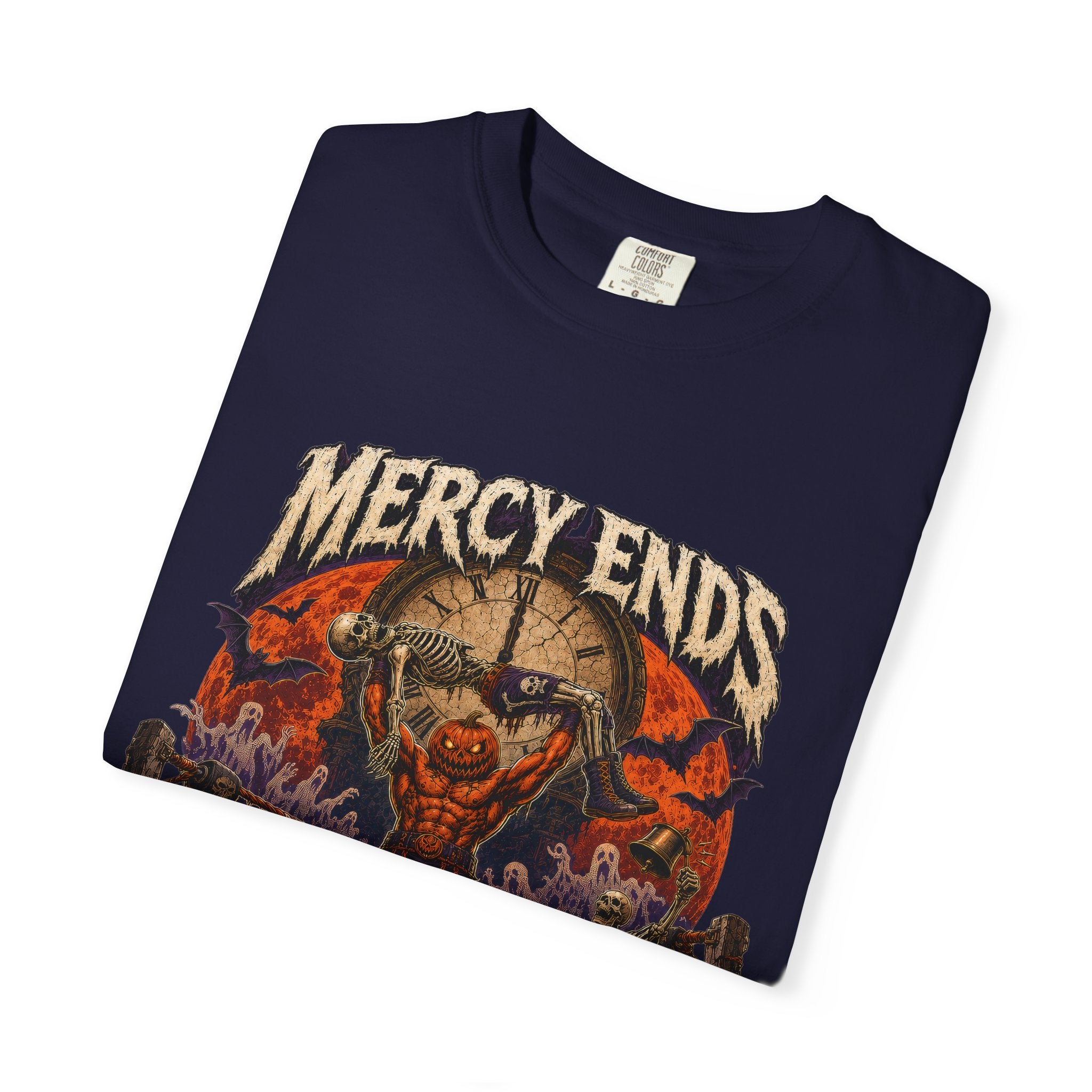 Mercy Ends At Midnight T‑Shirt — Gothic Skull Horror Graphic Tee