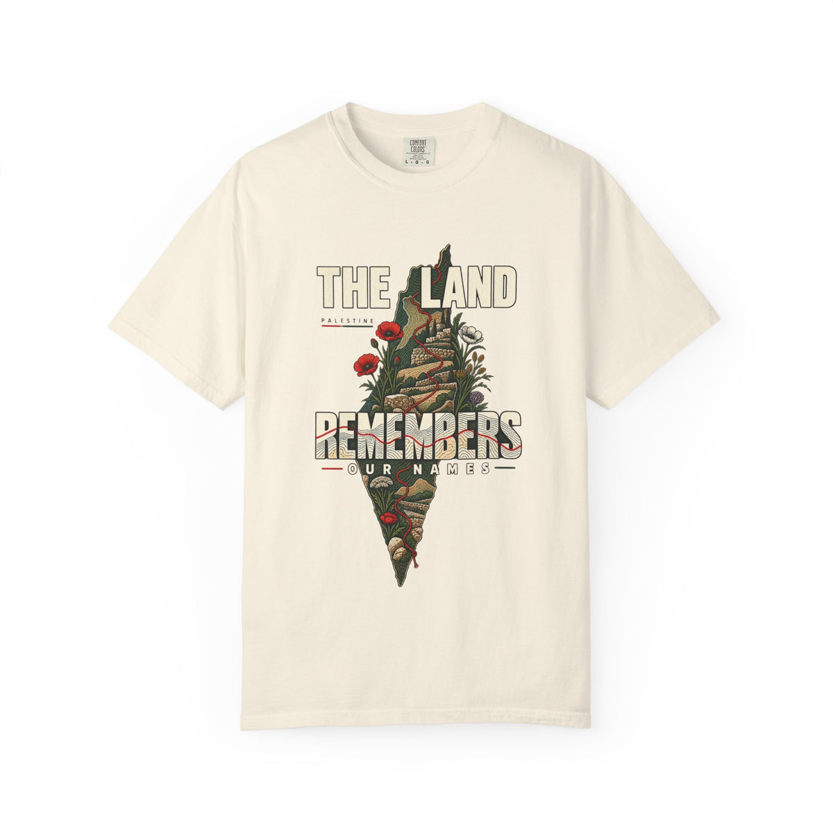 The Land Remembers T-Shirt — Memorial Floral Palestine Map Graphic