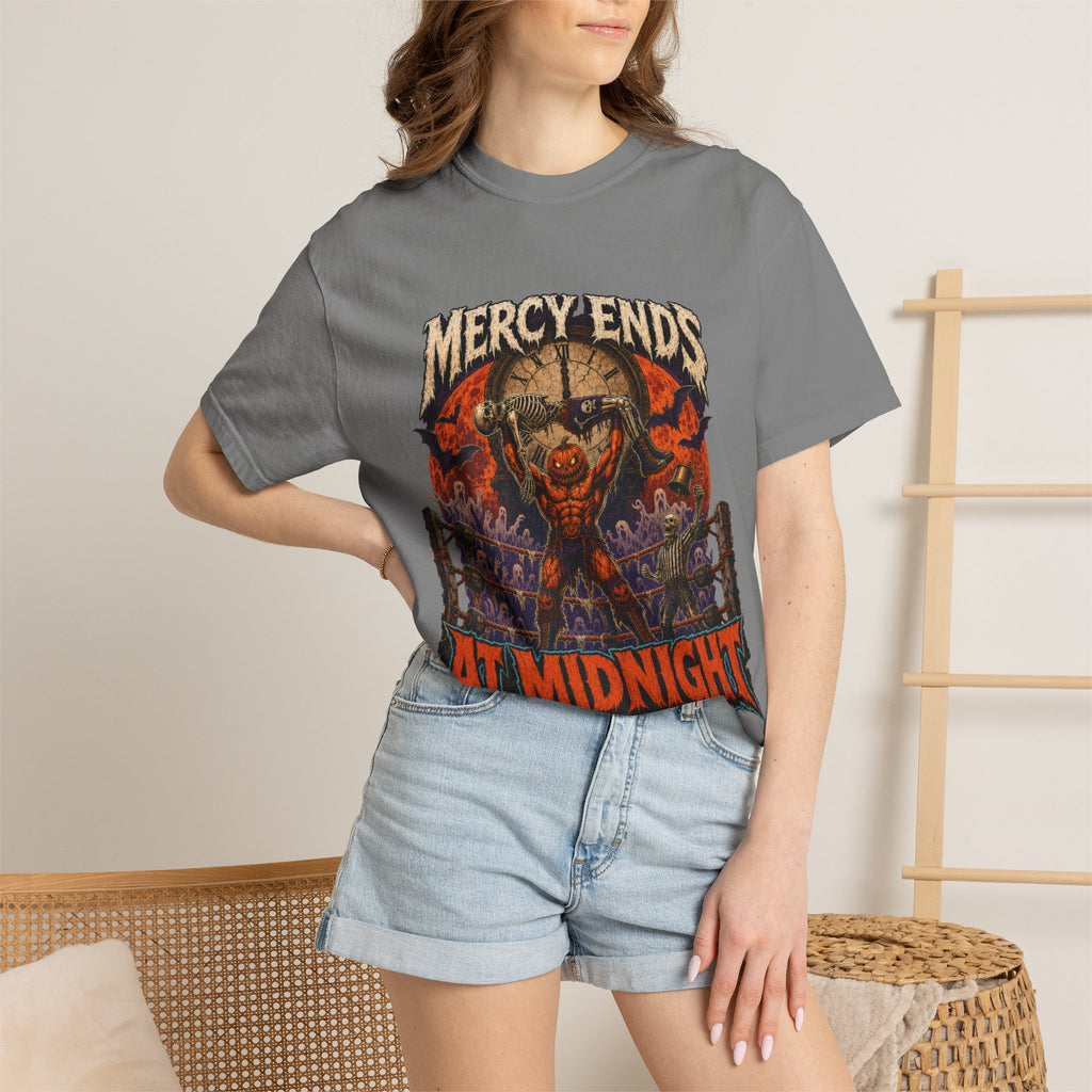 Mercy Ends At Midnight T‑Shirt — Gothic Skull Horror Graphic Tee