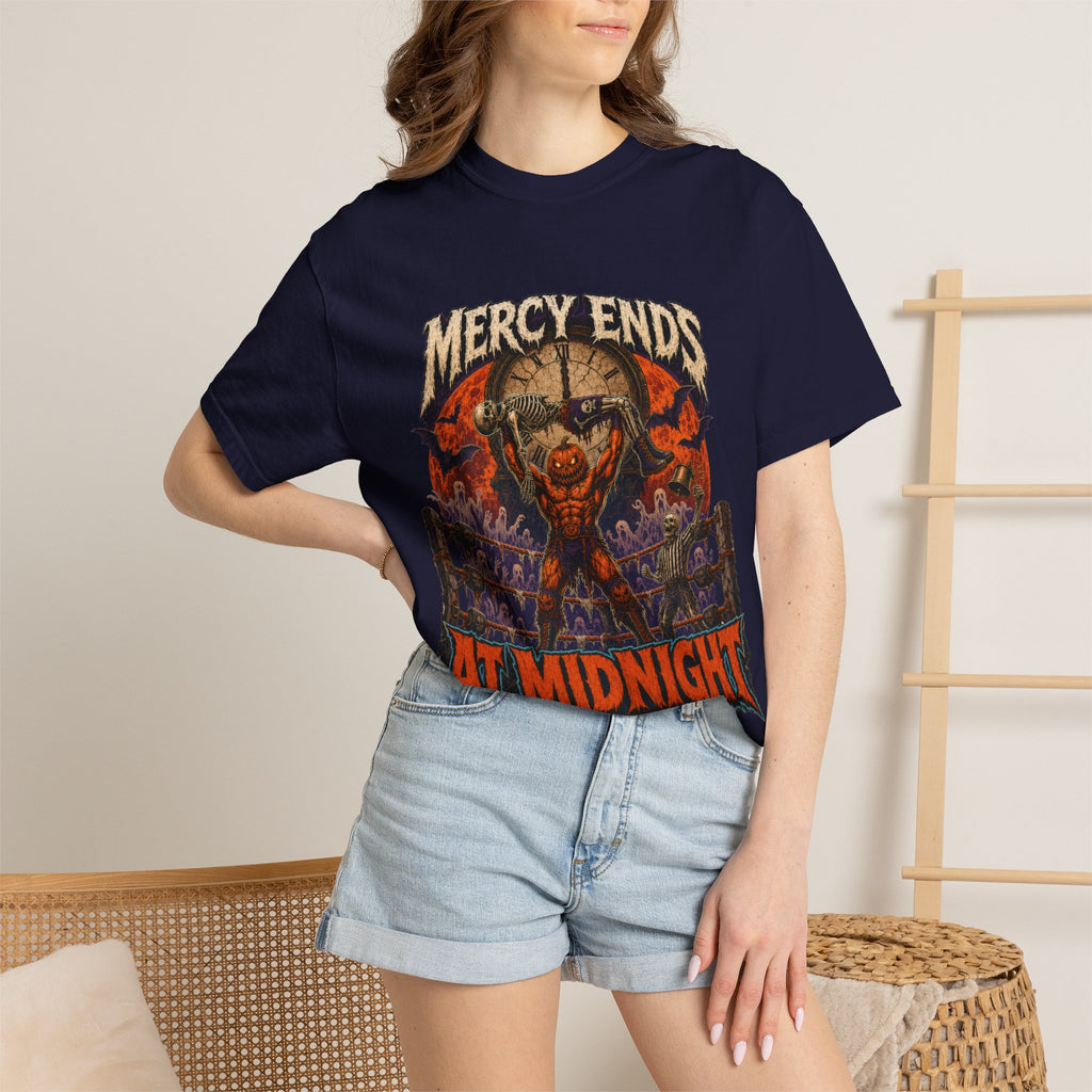 Mercy Ends At Midnight T‑Shirt — Gothic Skull Horror Graphic Tee