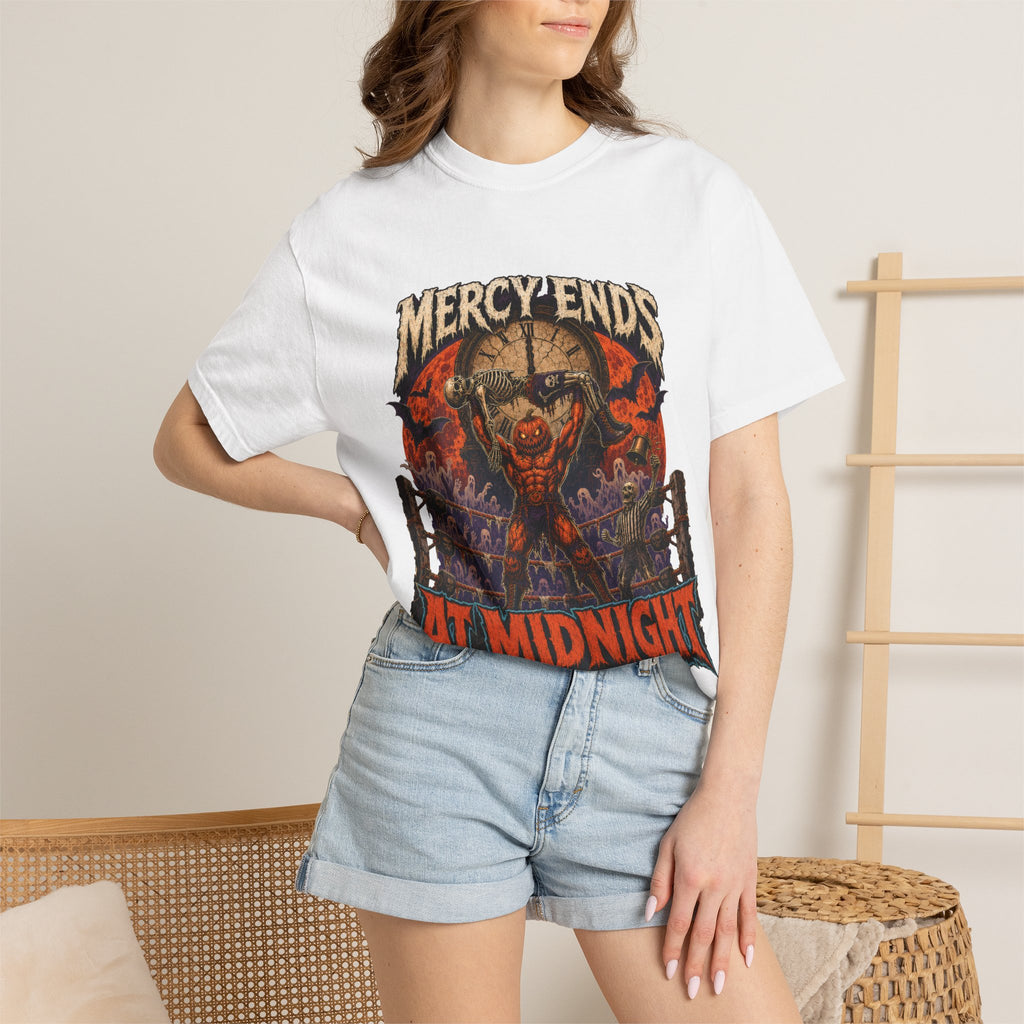 Mercy Ends At Midnight T‑Shirt — Gothic Skull Horror Graphic Tee