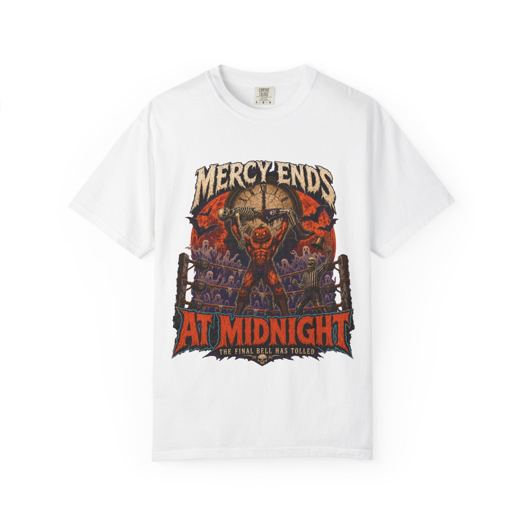 Mercy Ends At Midnight T‑Shirt — Gothic Skull Horror Graphic Tee