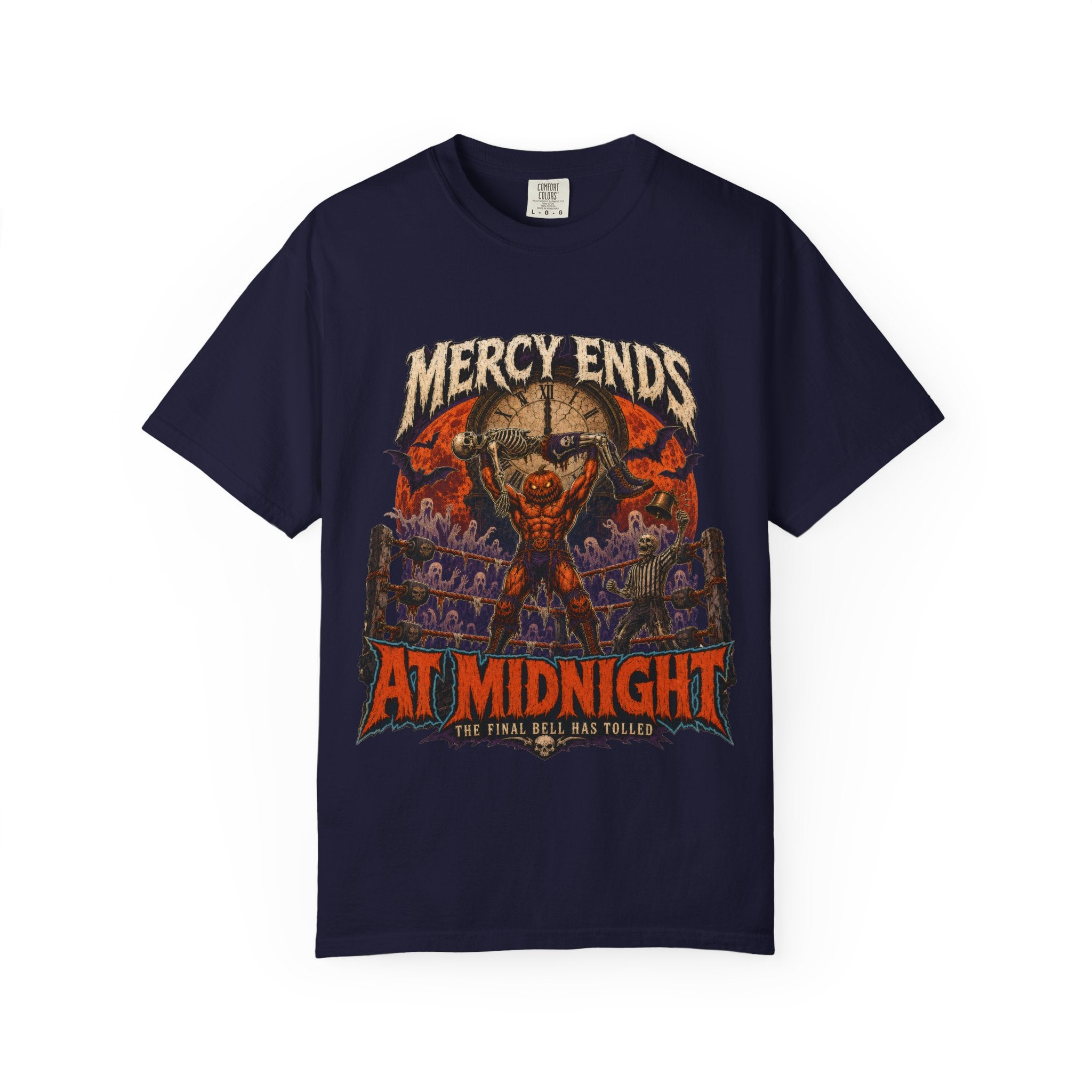 Mercy Ends At Midnight T‑Shirt — Gothic Skull Horror Graphic Tee