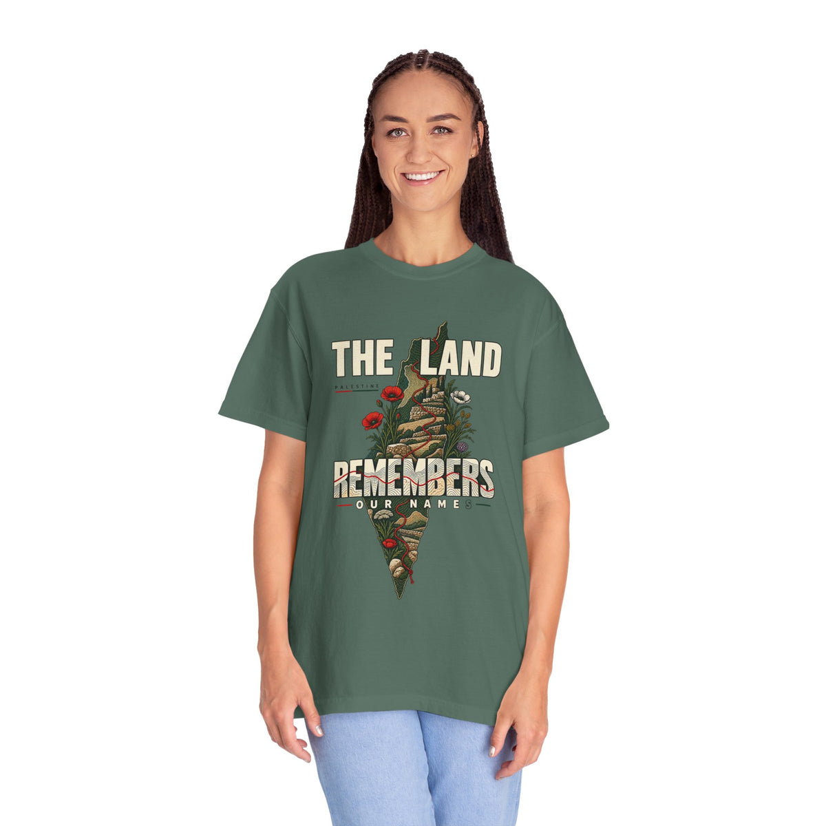 The Land Remembers T-Shirt — Memorial Floral Palestine Map Graphic