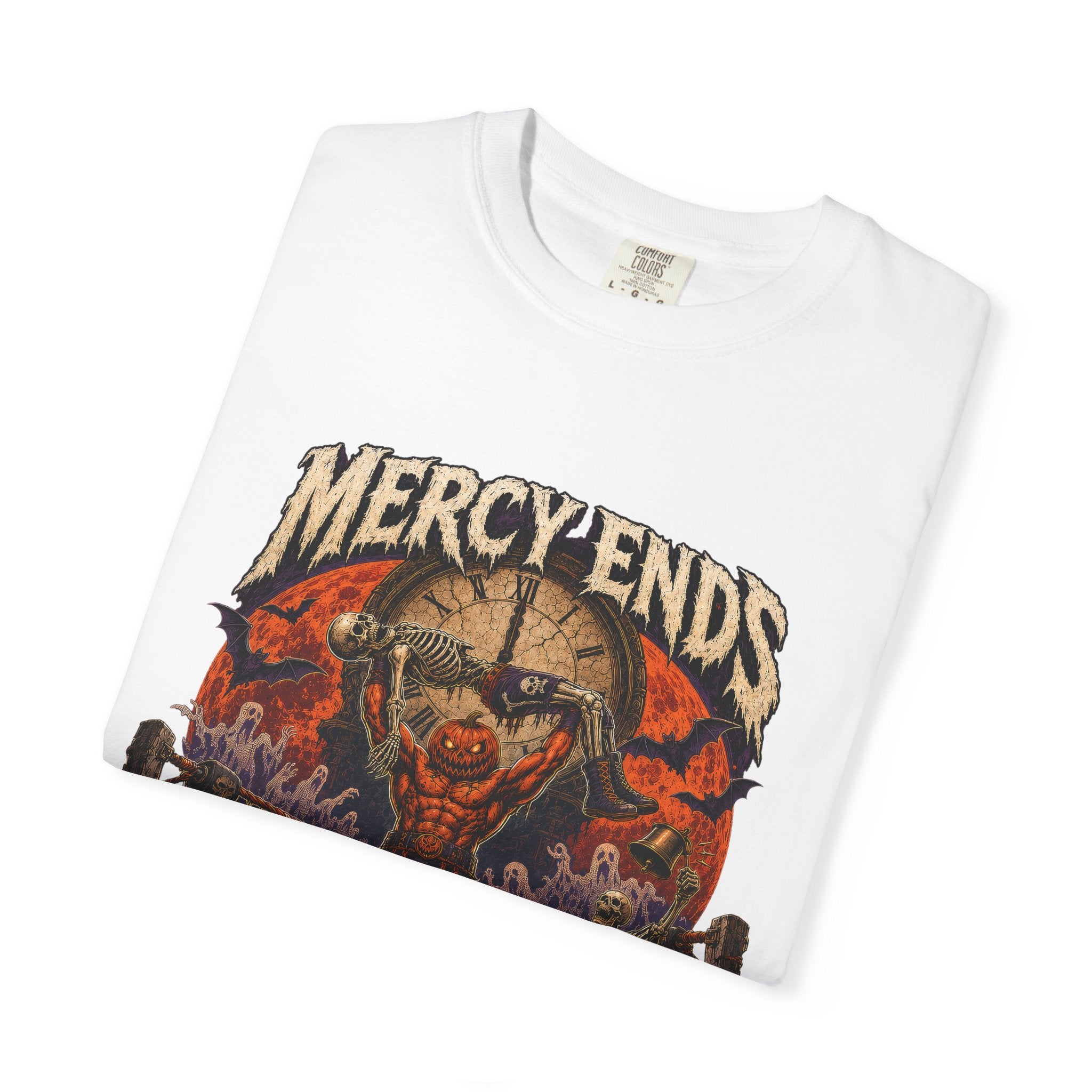 Mercy Ends At Midnight T‑Shirt — Gothic Skull Horror Graphic Tee