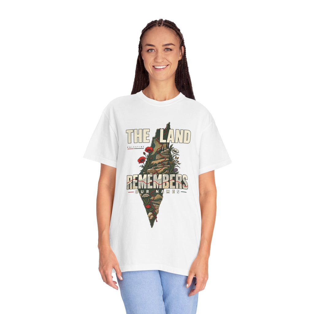 The Land Remembers T-Shirt — Memorial Floral Palestine Map Graphic