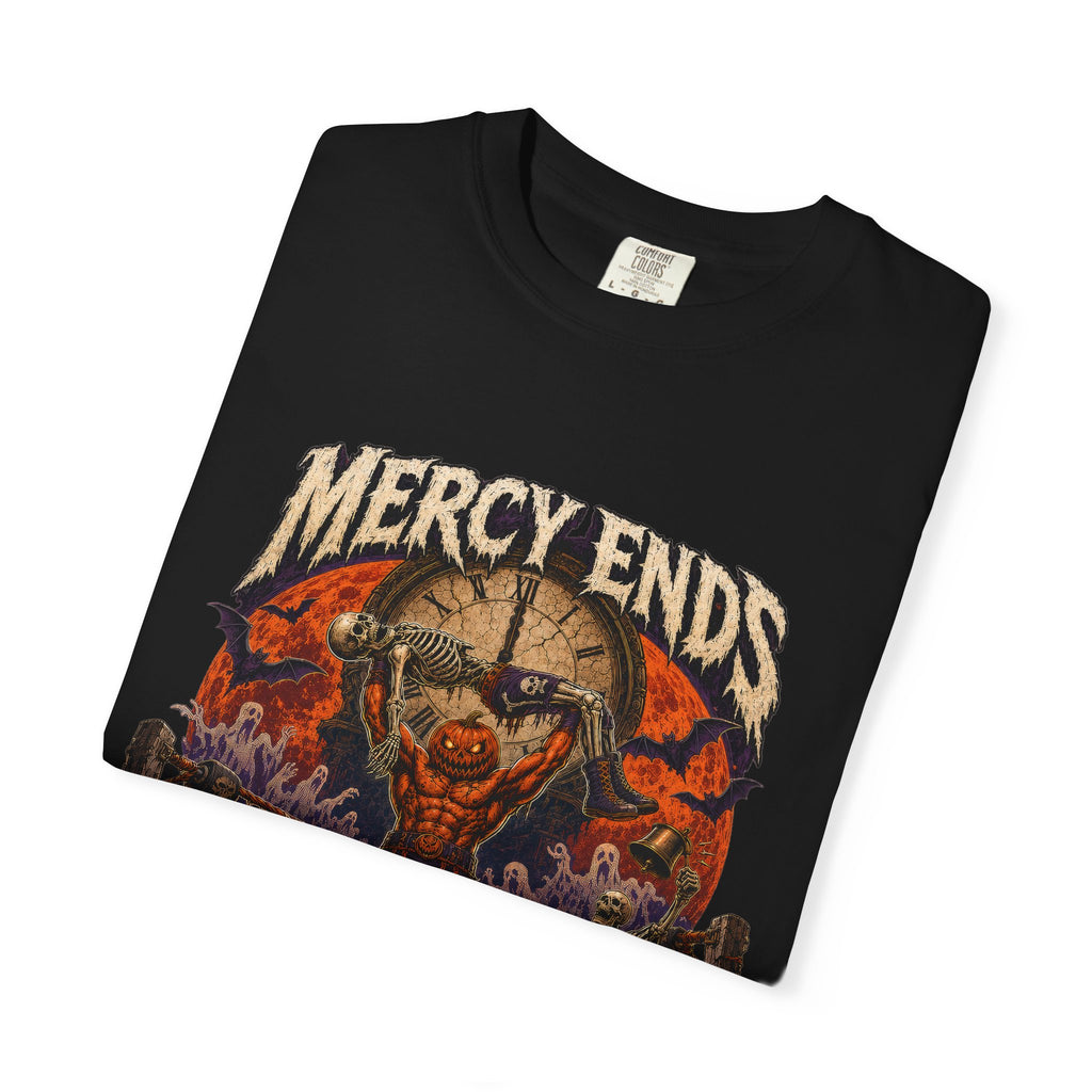 Mercy Ends At Midnight T‑Shirt — Gothic Skull Horror Graphic Tee