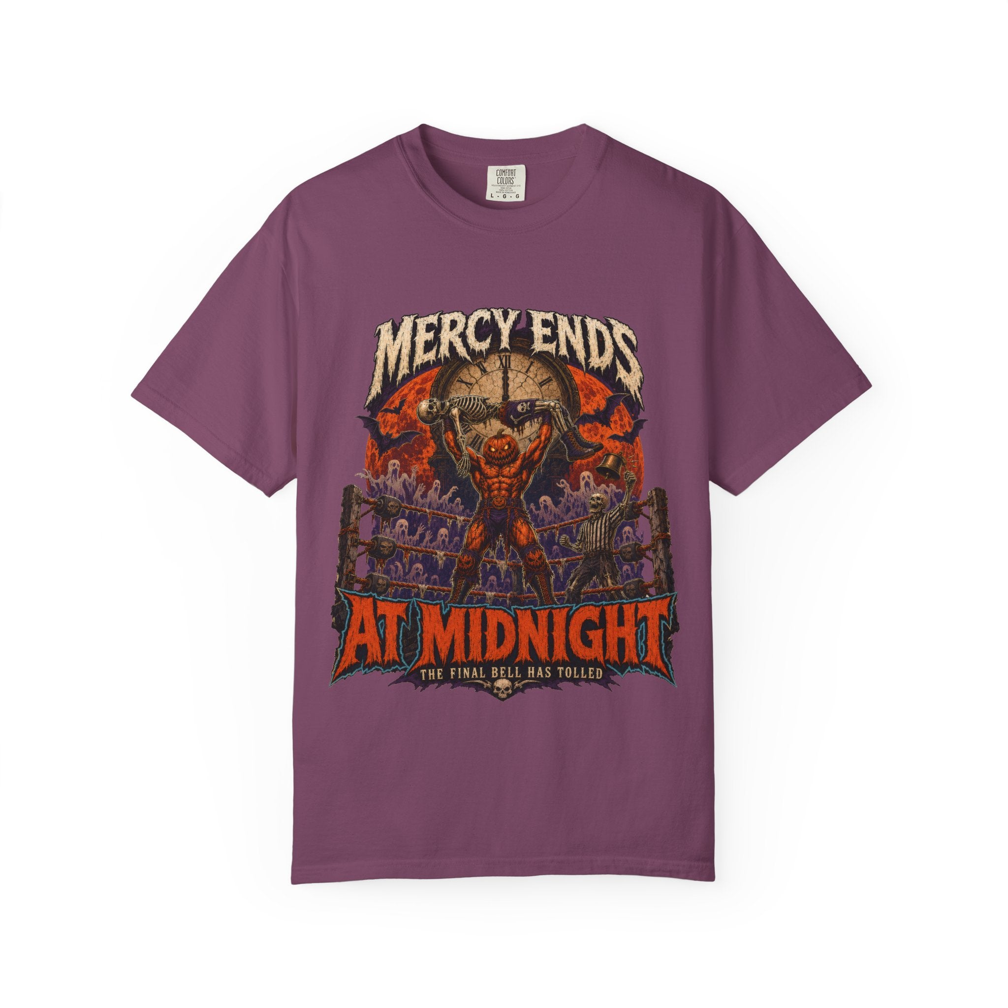 Mercy Ends At Midnight T‑Shirt — Gothic Skull Horror Graphic Tee