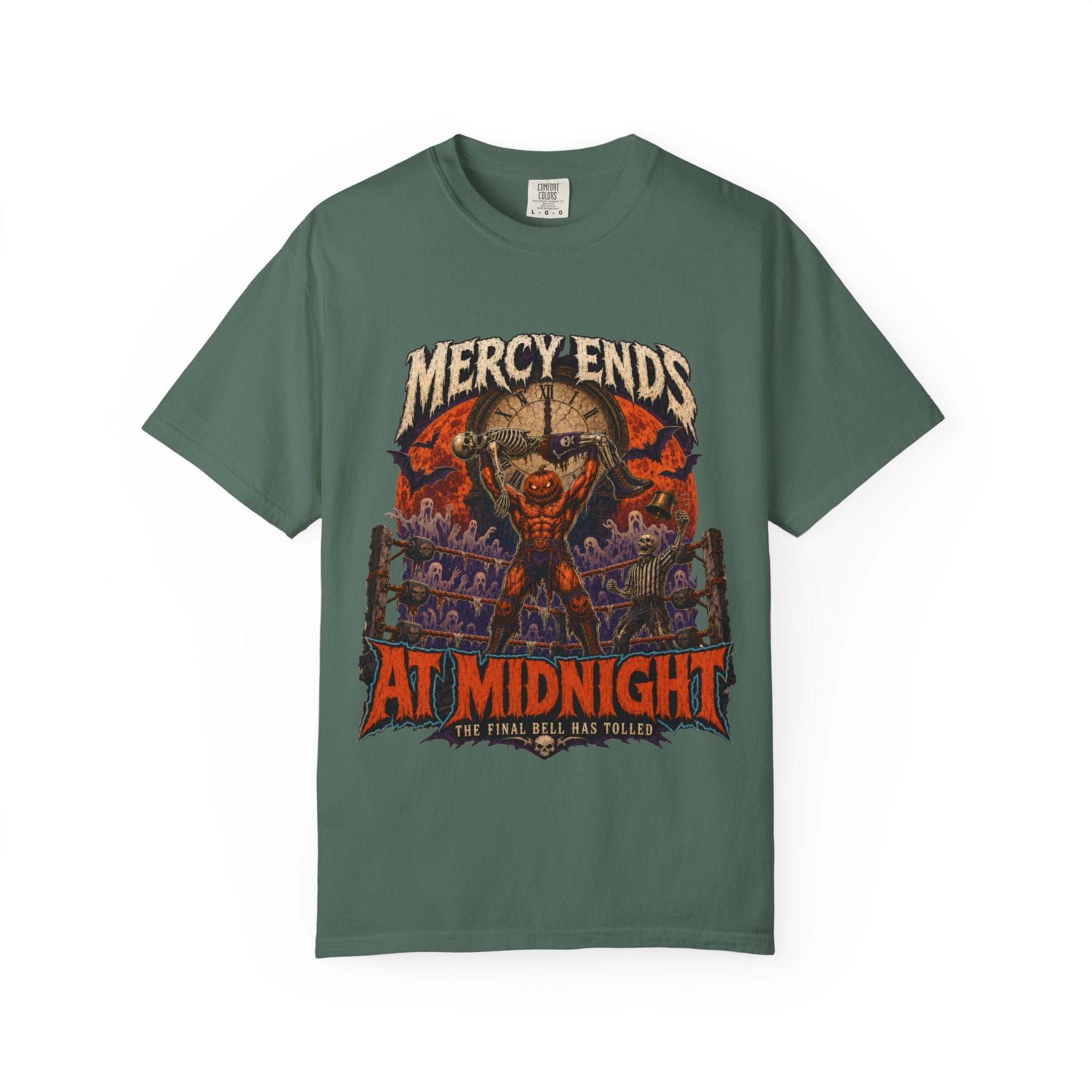 Mercy Ends At Midnight T‑Shirt — Gothic Skull Horror Graphic Tee