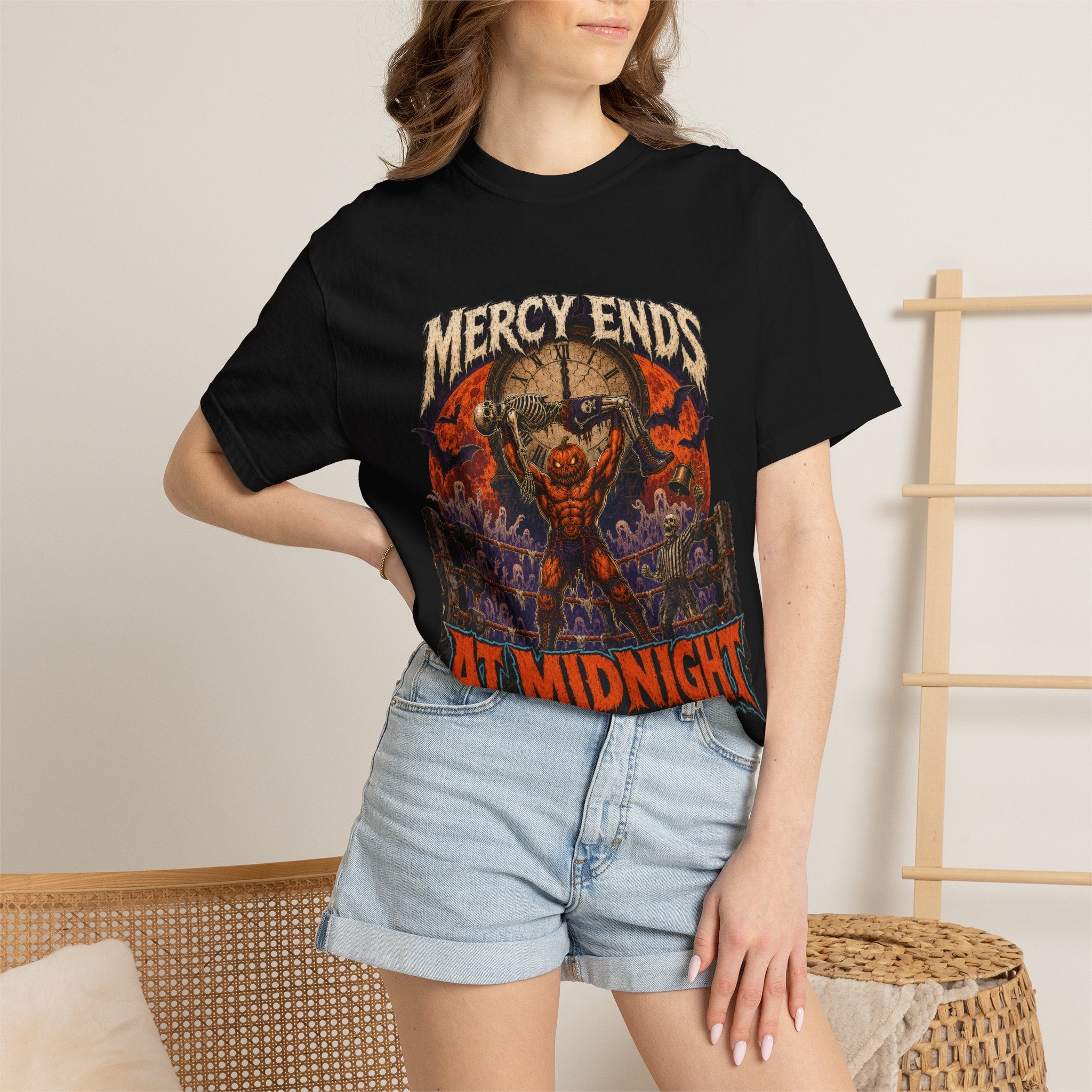 Mercy Ends At Midnight T‑Shirt — Gothic Skull Horror Graphic Tee
