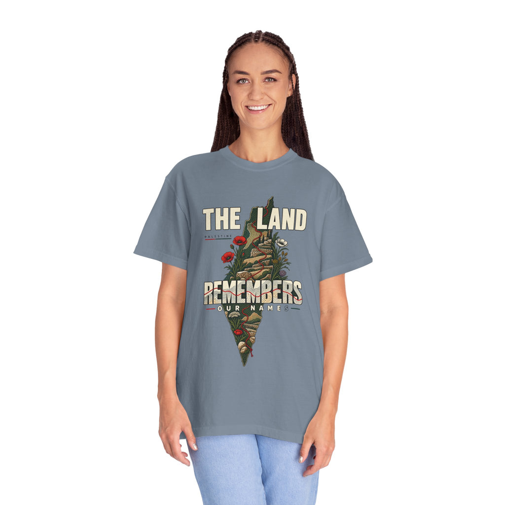 The Land Remembers T-Shirt — Memorial Floral Palestine Map Graphic